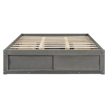 Start2Finish platform bed frame with solid wood and MDF, featuring four storage drawers, footboard cubby, and headboard for bedroom use