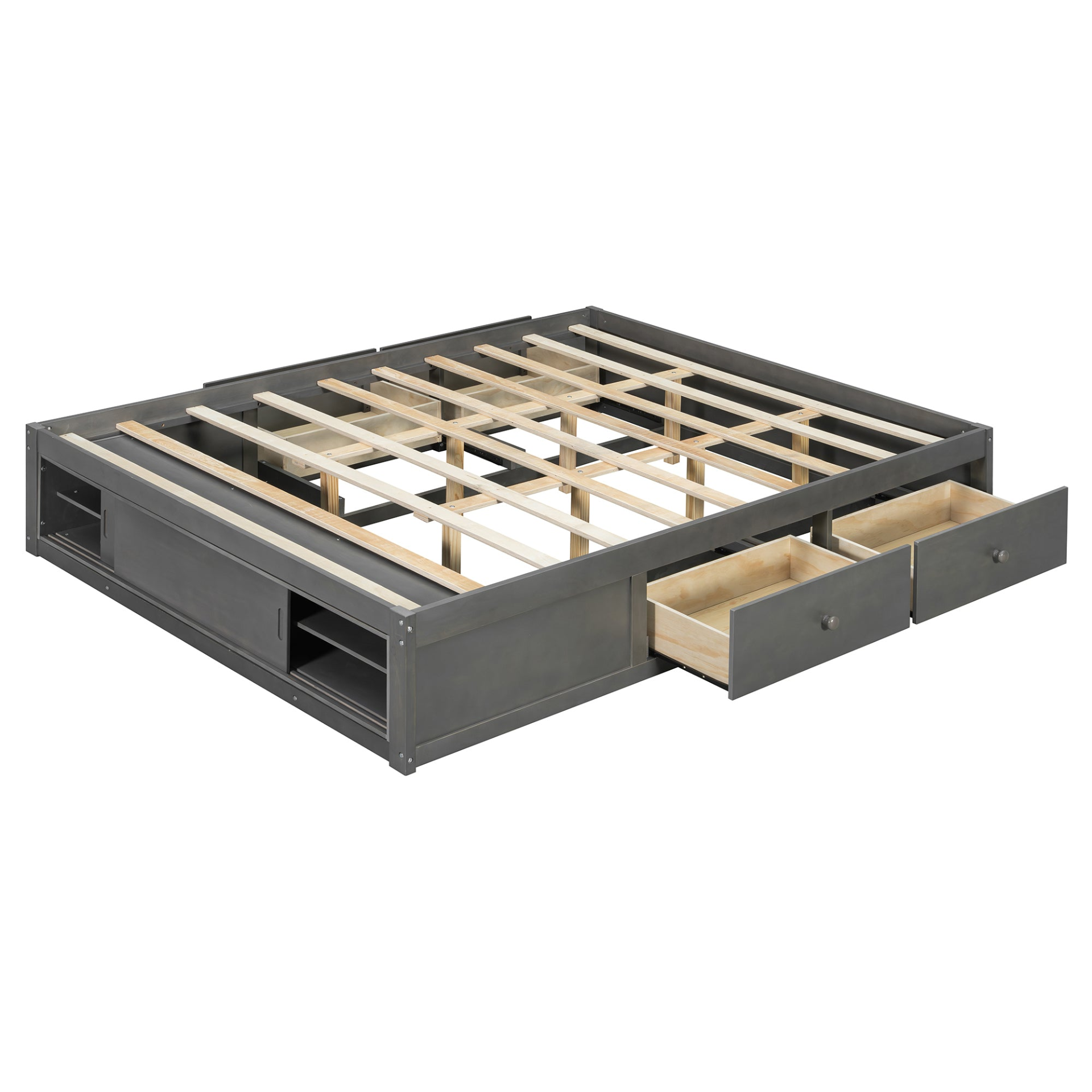 Start2Finish platform bed frame with solid wood and MDF, featuring four storage drawers, cubby footboard, and headboard for bedroom.