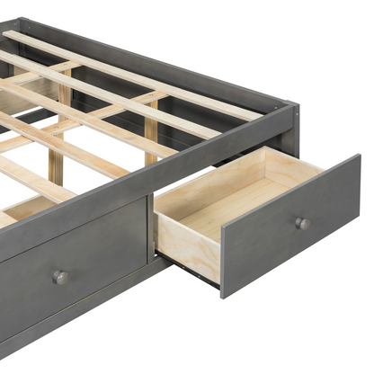 Start2Finish platform bed frame with solid wood and MDF, featuring four storage drawers, footboard cubby, and headboard for bedroom.
