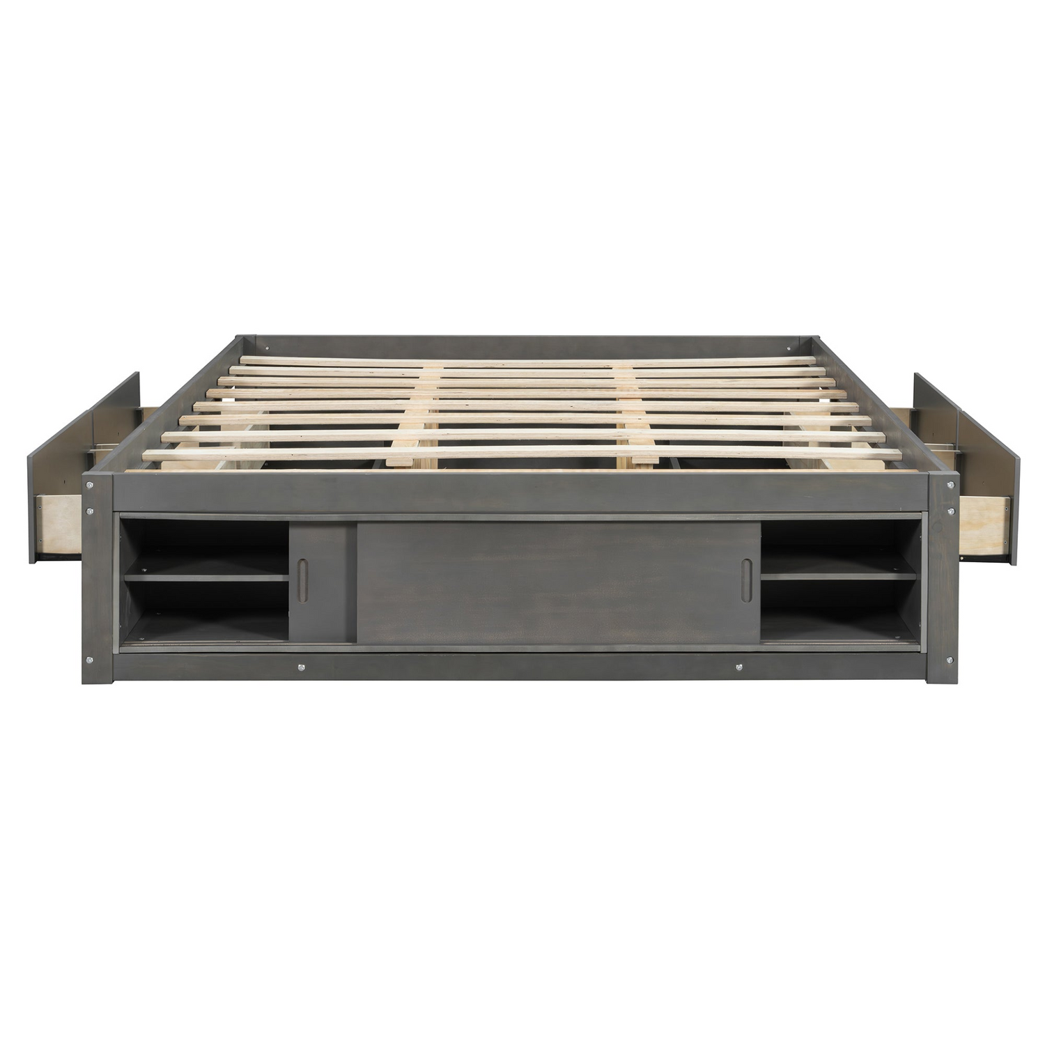 Start2Finish platform bed frame with solid wood and MDF, featuring four storage drawers, footboard cubby, and padded headboard.
