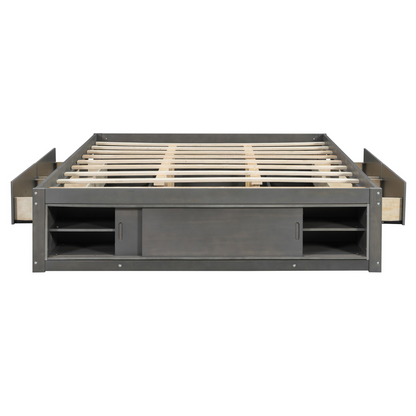 Start2Finish platform bed frame with solid wood and MDF, featuring four storage drawers, footboard cubby, and padded headboard.