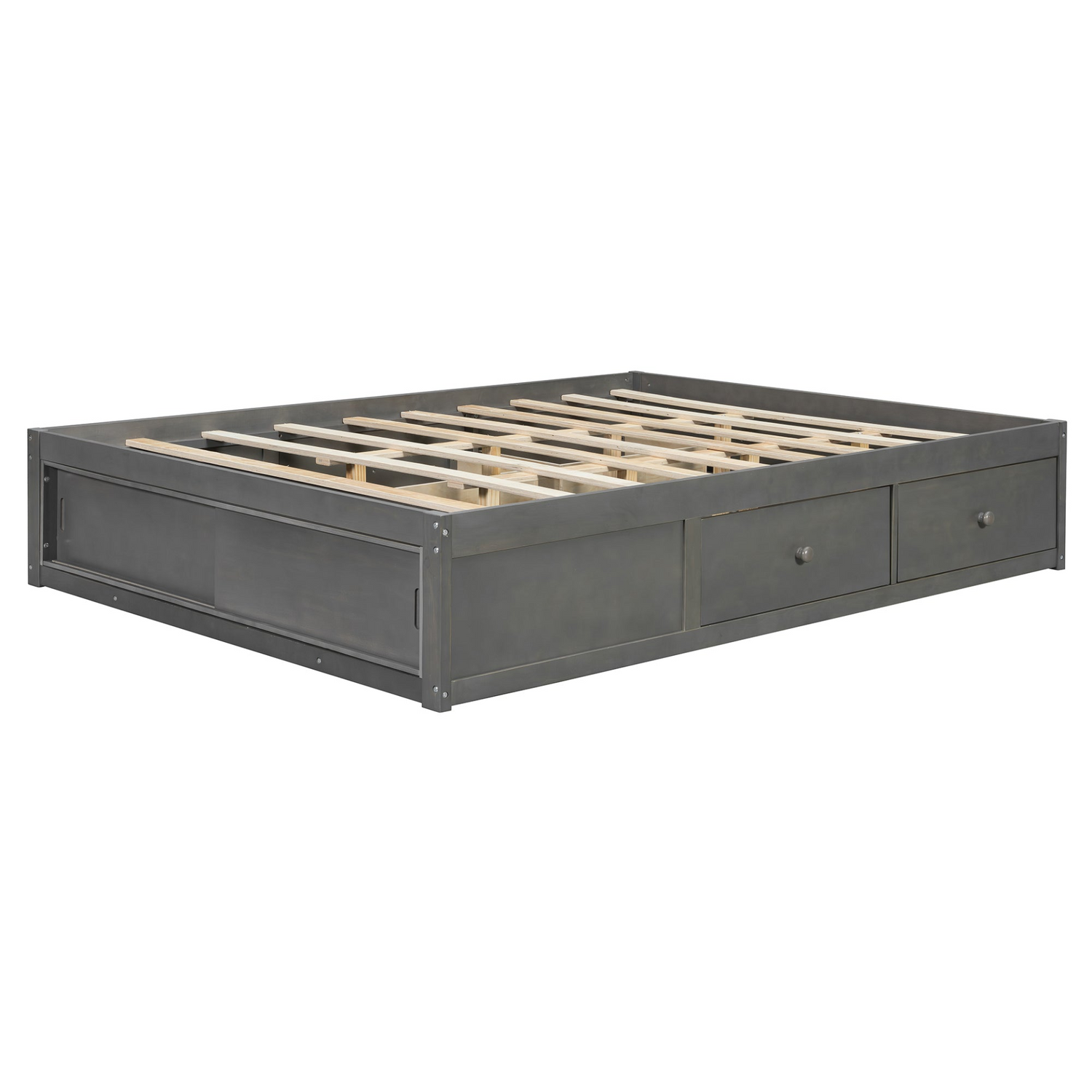 Start2Finish platform bed frame with solid wood and MDF, featuring four storage drawers, footboard cubby, and headboard for bedroom.