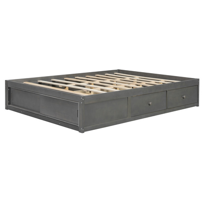 Start2Finish platform bed frame with solid wood and MDF, featuring four storage drawers, footboard cubby, and headboard for bedroom.