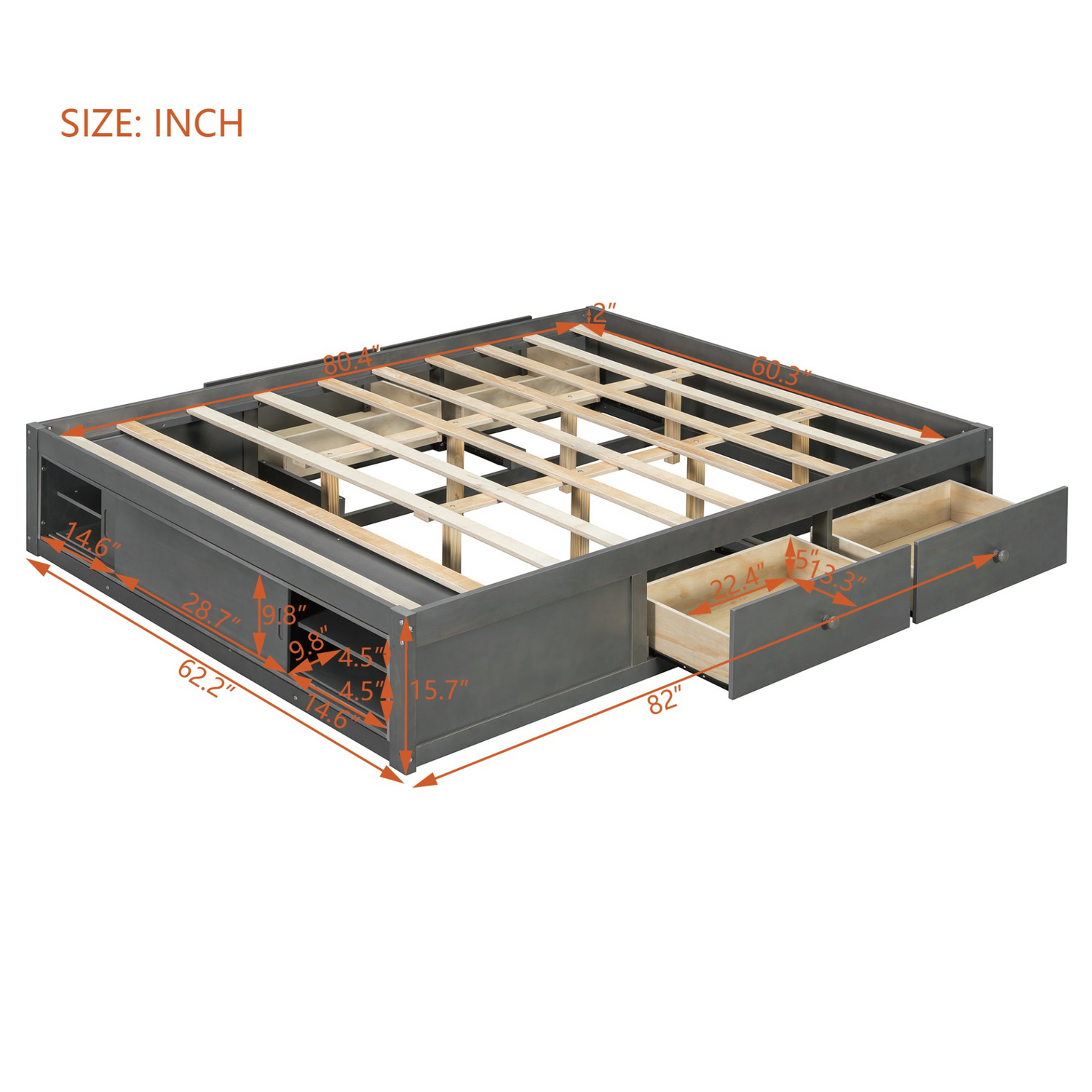 Start2Finish platform bed frame with solid wood and MDF, featuring four storage drawers, footboard cubby, and headboard for bedroom use.