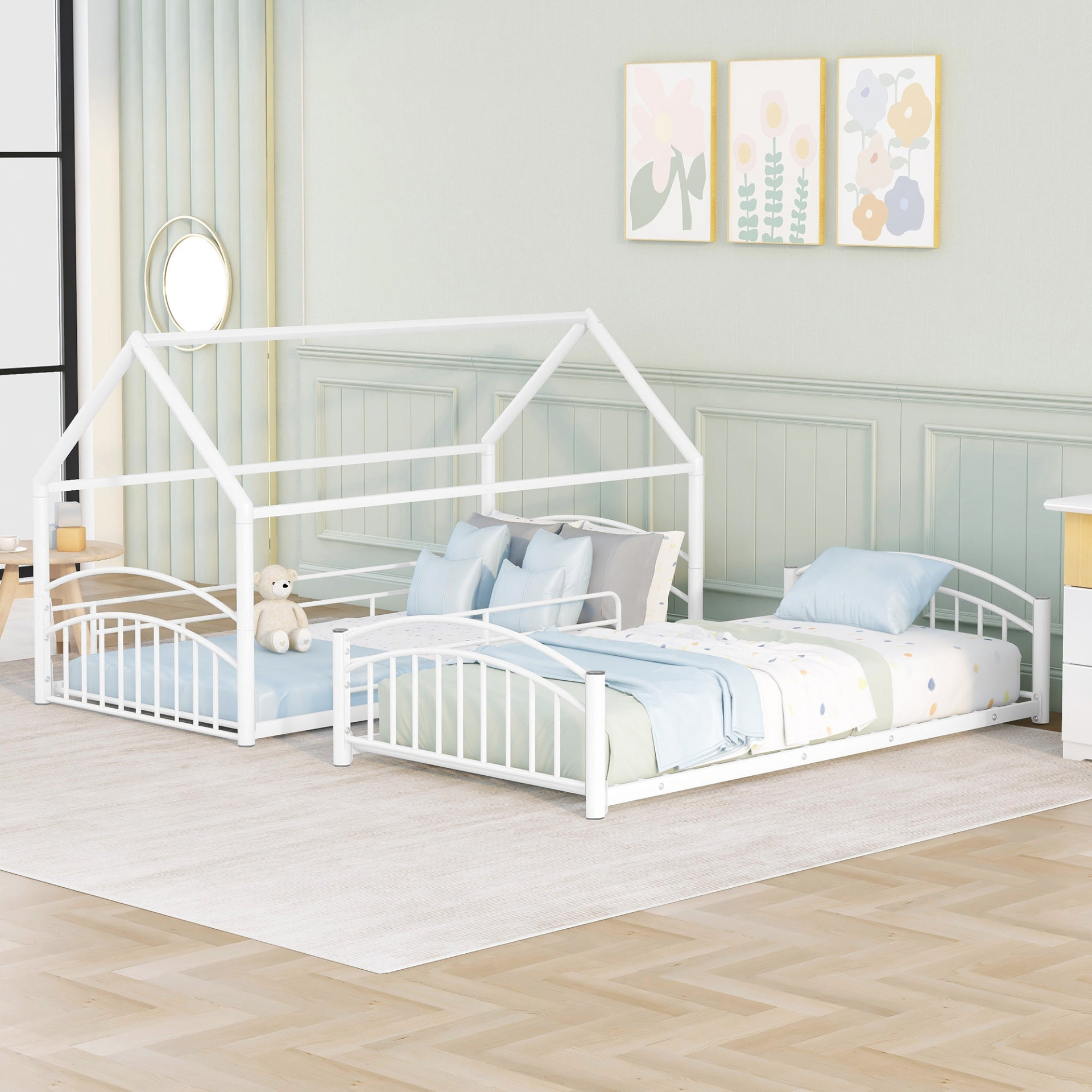 Start2Finish twin over twin metal bunk bed with slide and house frame, ideal for shared or guest bedrooms, shown in a children&