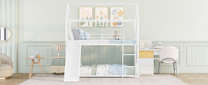 Start2Finish twin over twin metal bunk bed with slide and house frame, designed for shared or guest bedrooms, shown assembled.