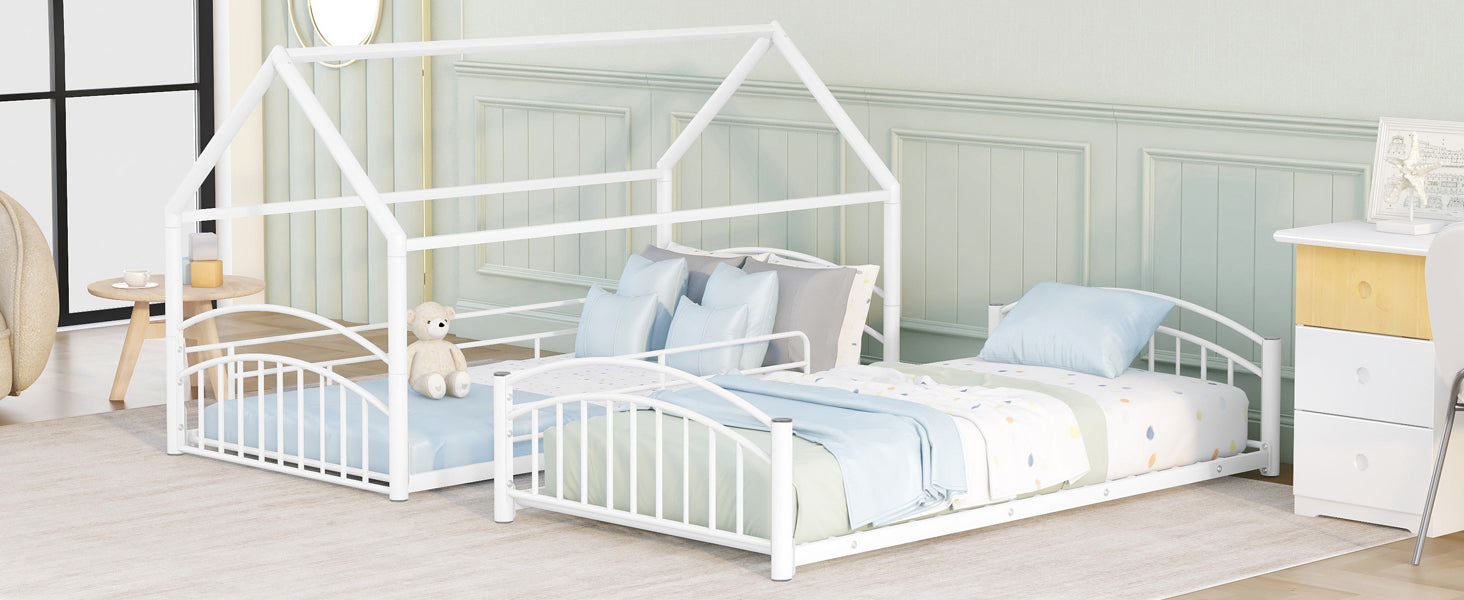 Start2Finish twin-over-twin metal bunk bed with slide and house frame, ideal for shared or guest bedrooms.