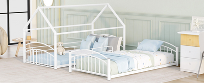 Start2Finish twin-over-twin metal bunk bed with slide and house frame, ideal for shared or guest bedrooms.