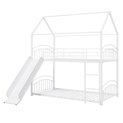 Twin over twin metal bunk bed with slide and house frame by Start2Finish in a shared bedroom setting.