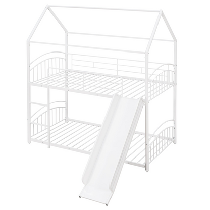 Twin over twin metal bunk bed with slide and house-shaped frame, ideal for shared bedrooms or guest rooms by Start2Finish