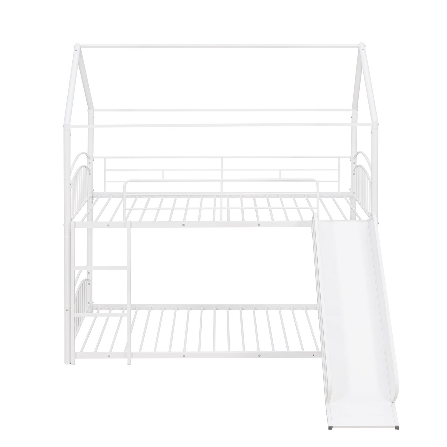 Metal twin over twin bunk bed with slide and house frame by Start2Finish, ideal for shared bedrooms or guest rooms.