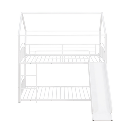 Metal twin over twin bunk bed with slide and house frame by Start2Finish, ideal for shared bedrooms or guest rooms.