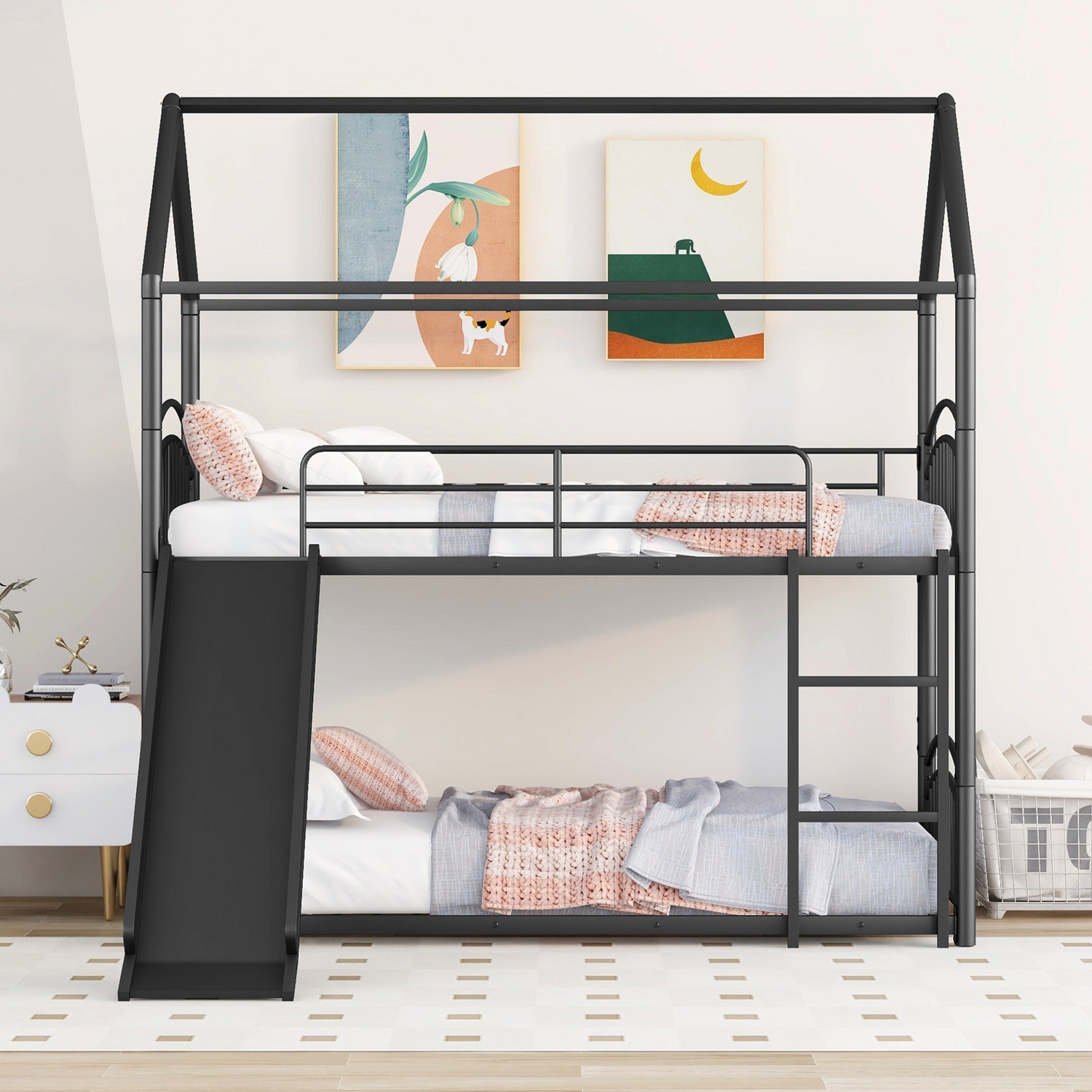 Start2Finish twin over twin metal bunk bed with slide and house frame, ideal for shared bedrooms or guest rooms.