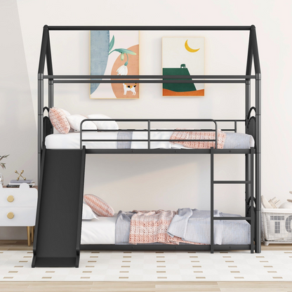 Start2Finish twin over twin metal bunk bed with slide and house frame, ideal for shared bedrooms or guest rooms.