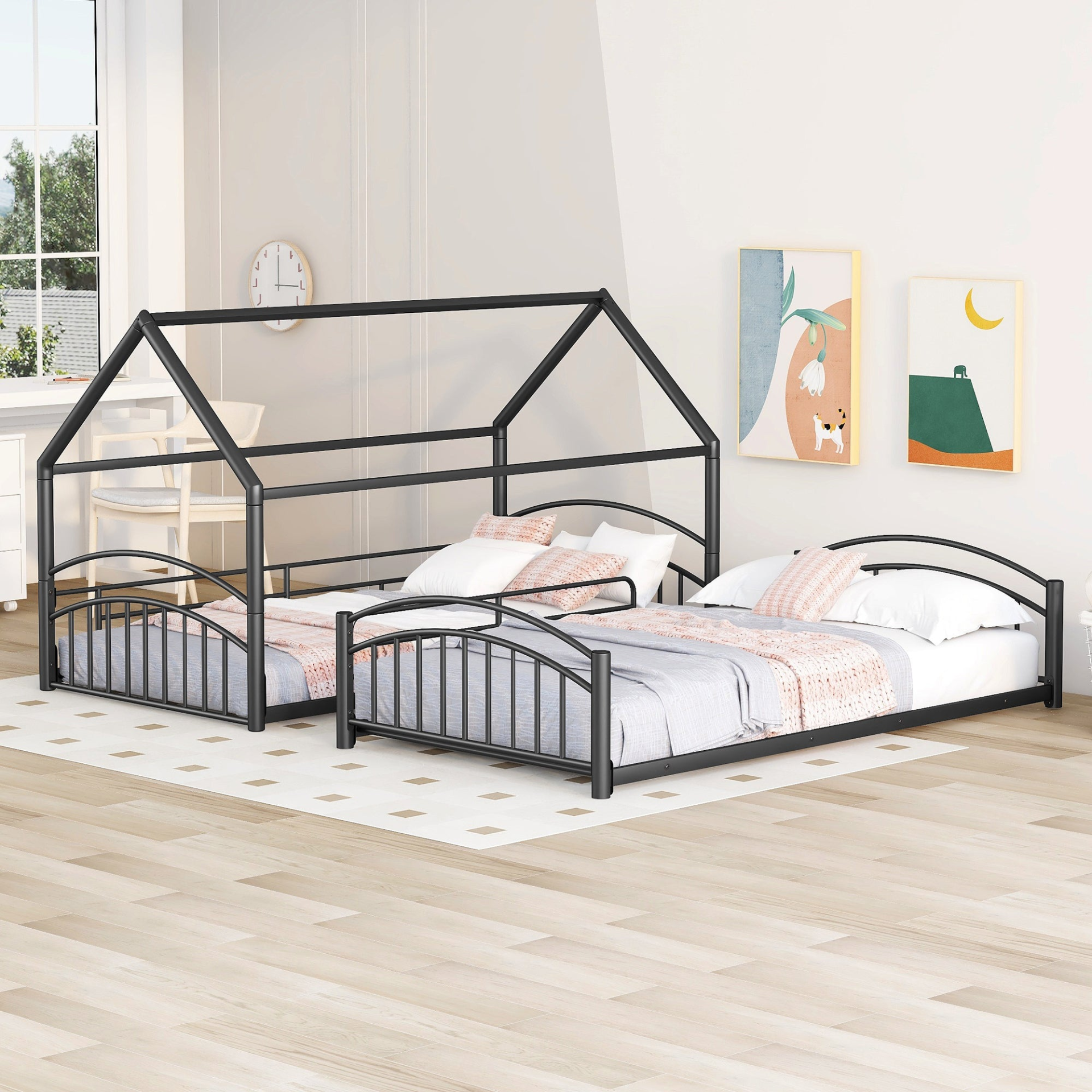 Start2Finish twin over twin metal bunk bed with slide and house frame, ideal for shared bedrooms or guest rooms