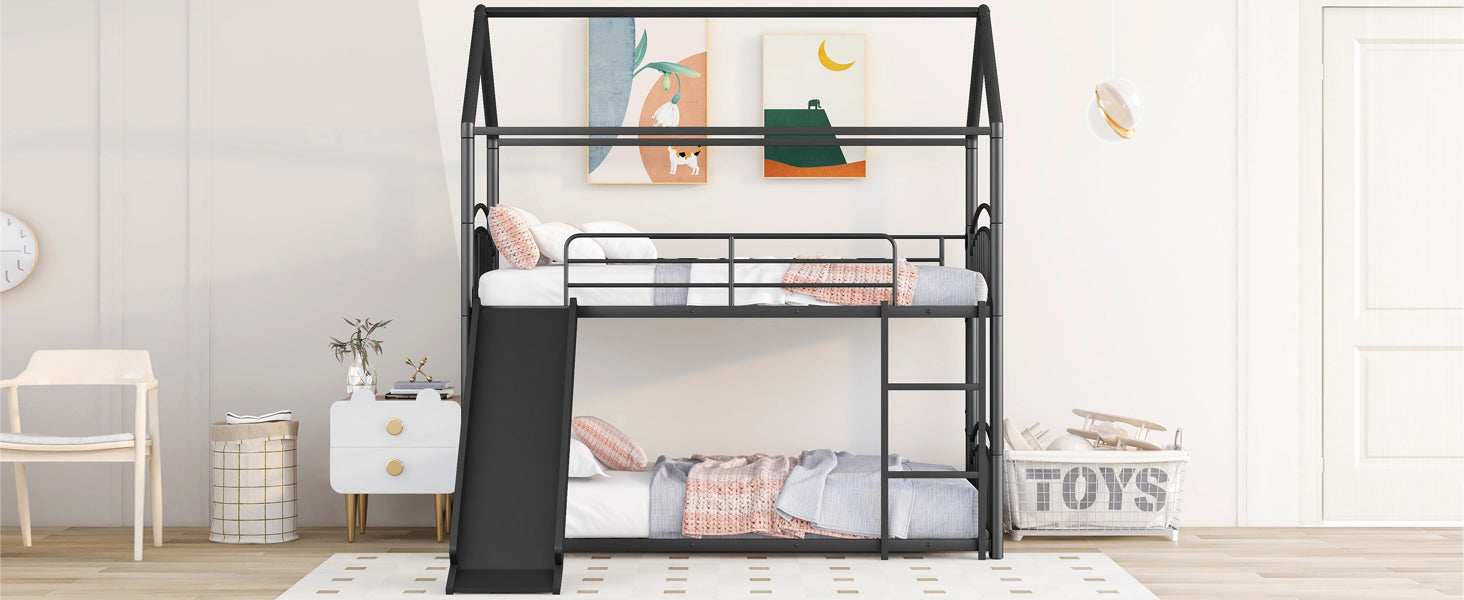 Twin over twin metal bunk bed with slide and house frame, ideal for shared or guest bedrooms, by Start2Finish
