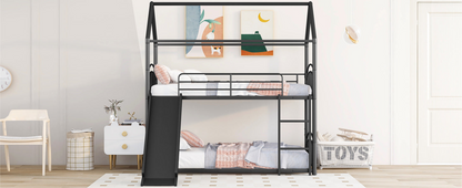 Twin over twin metal bunk bed with slide and house frame, ideal for shared or guest bedrooms, by Start2Finish