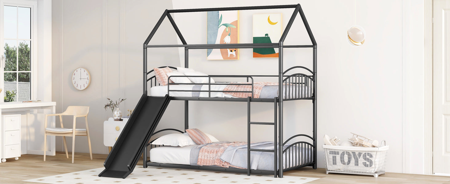 Start2Finish twin over twin metal bunk bed with slide and house frame in a shared or guest bedroom setting