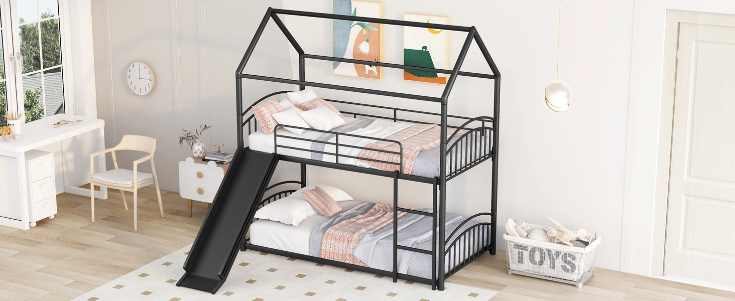 Start2Finish twin over twin metal bunk bed with slide and house frame, ideal for shared or guest bedrooms, shown in a room setting
