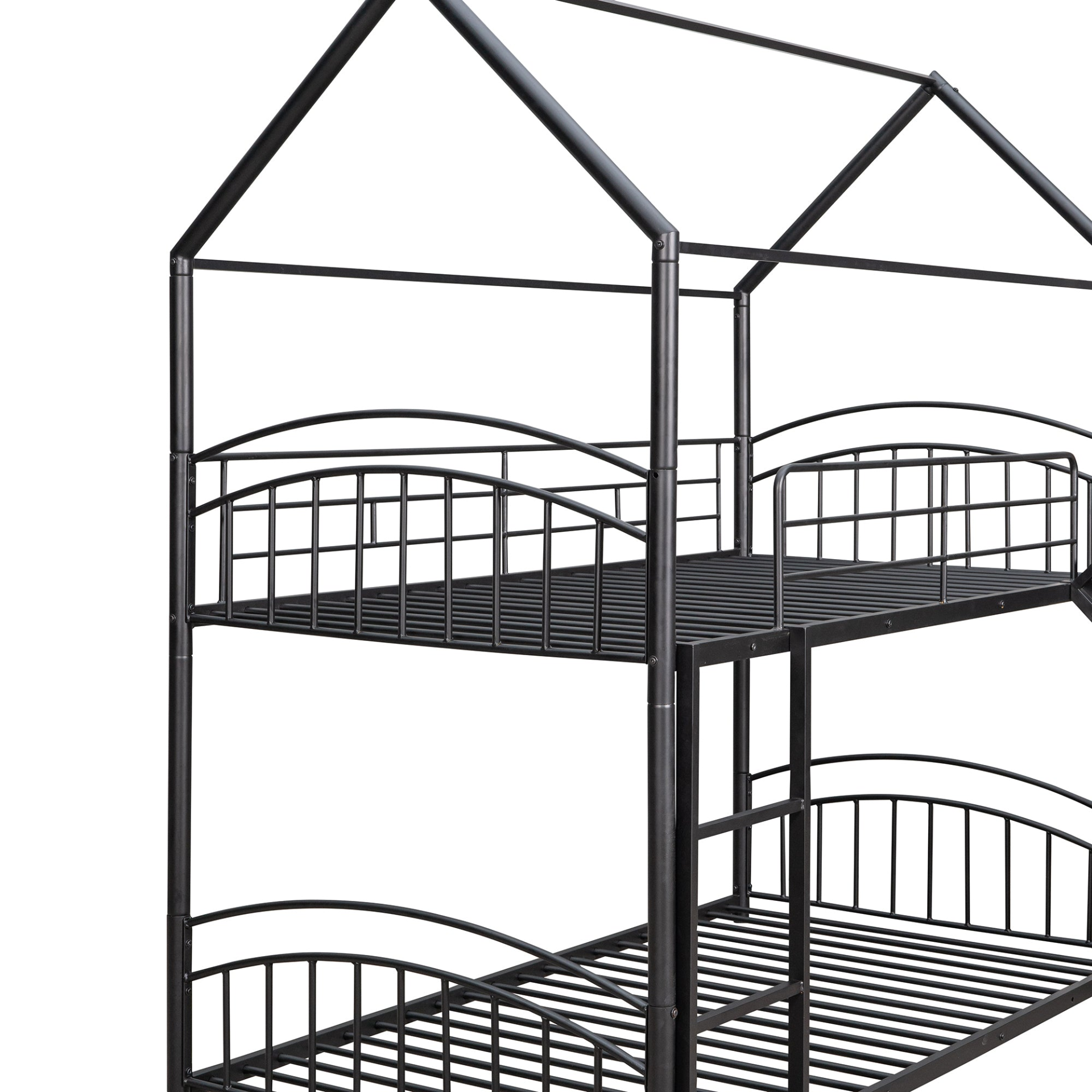 Metal twin over twin bunk bed with slide and house-shaped frame, ideal for shared or guest bedrooms by Start2Finish.