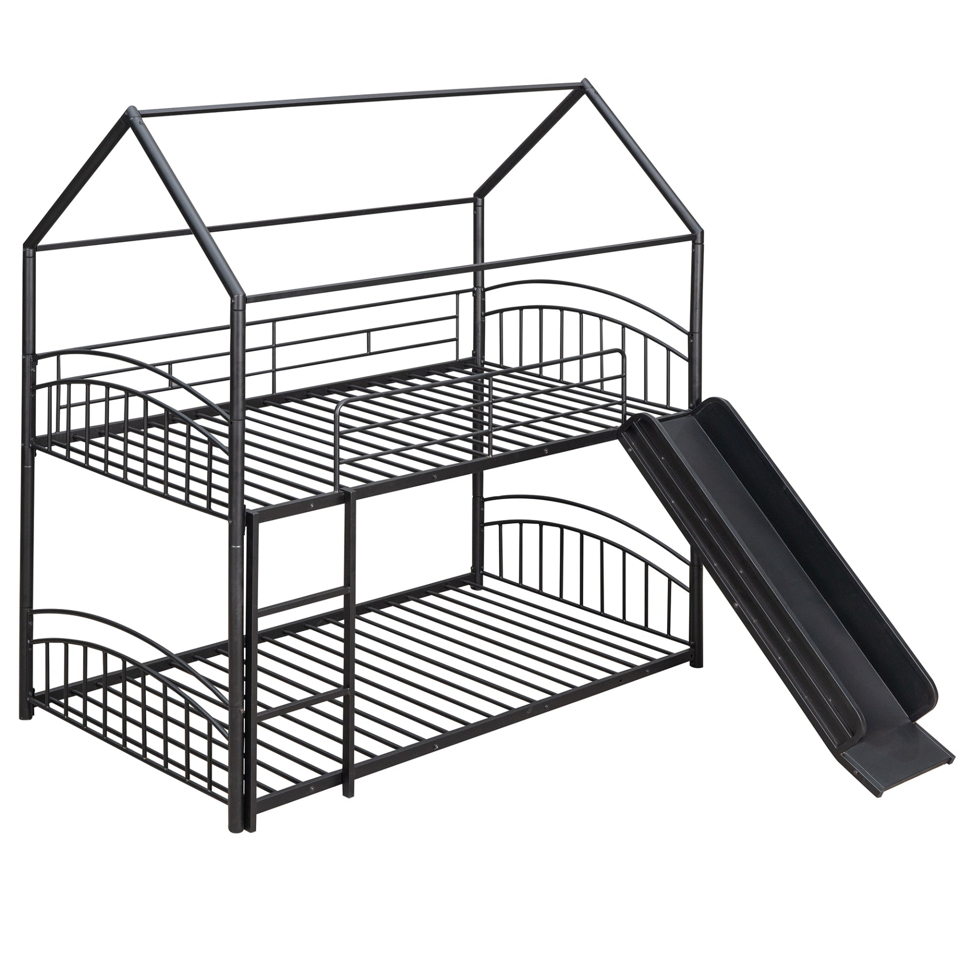Metal twin over twin bunk bed with slide and house frame, ideal for shared bedrooms or guest rooms, by Start2Finish