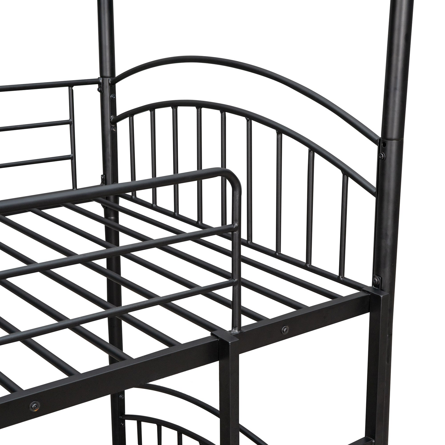 Metal twin over twin bunk bed with slide and house frame, ideal for shared bedrooms or guest rooms, by Start2Finish.