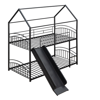 Start2Finish twin over twin metal bunk bed with slide and house frame, ideal for shared bedrooms or guest rooms.