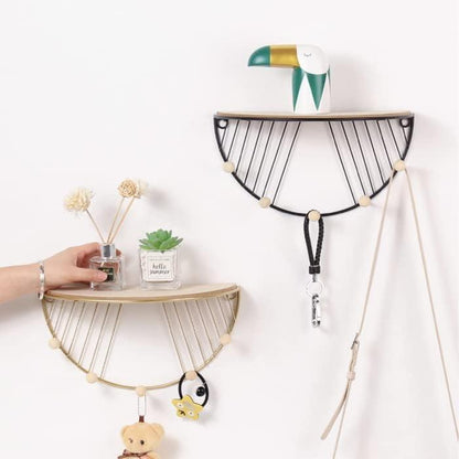 Golden D Shape Wall Mounted Hooks with Floating Shelf and Wooden Hooks