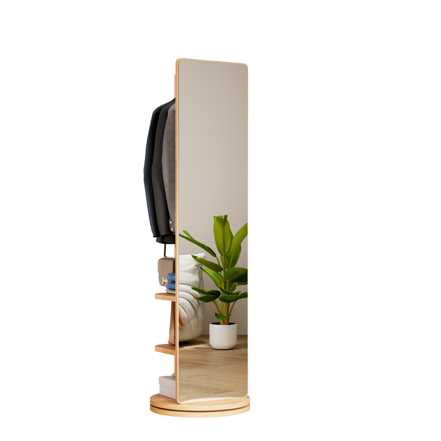 Start2Finish rotating full-length mirror with coat rack, rubber wood frame, and storage, designed for bedroom or entryway use.