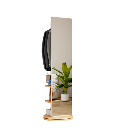 Start2Finish rotating full-length mirror with coat rack, rubber wood frame, and storage, designed for bedroom or entryway use.