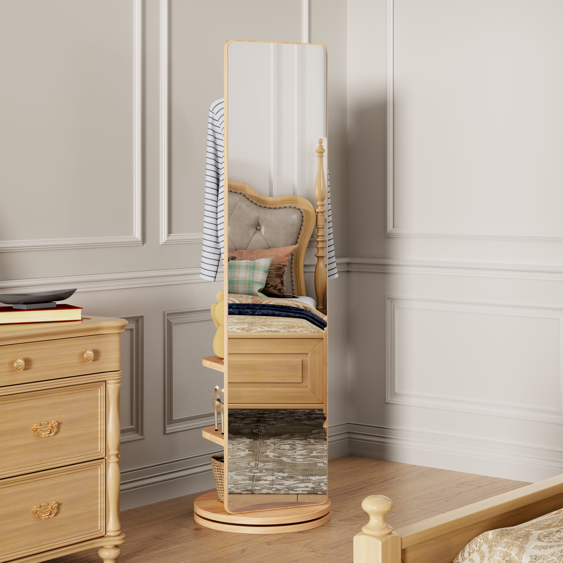 Start2Finish rotating full-length mirror with coat rack, rubber wood frame, and storage, 360° rotation for bedroom or entryway use.