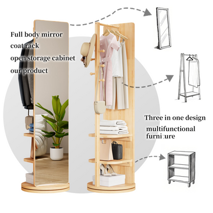 Start2Finish rotating full-length mirror with coat rack, natural rubber wood, 360° rotation, suitable for bedroom, entryway, dressing area
