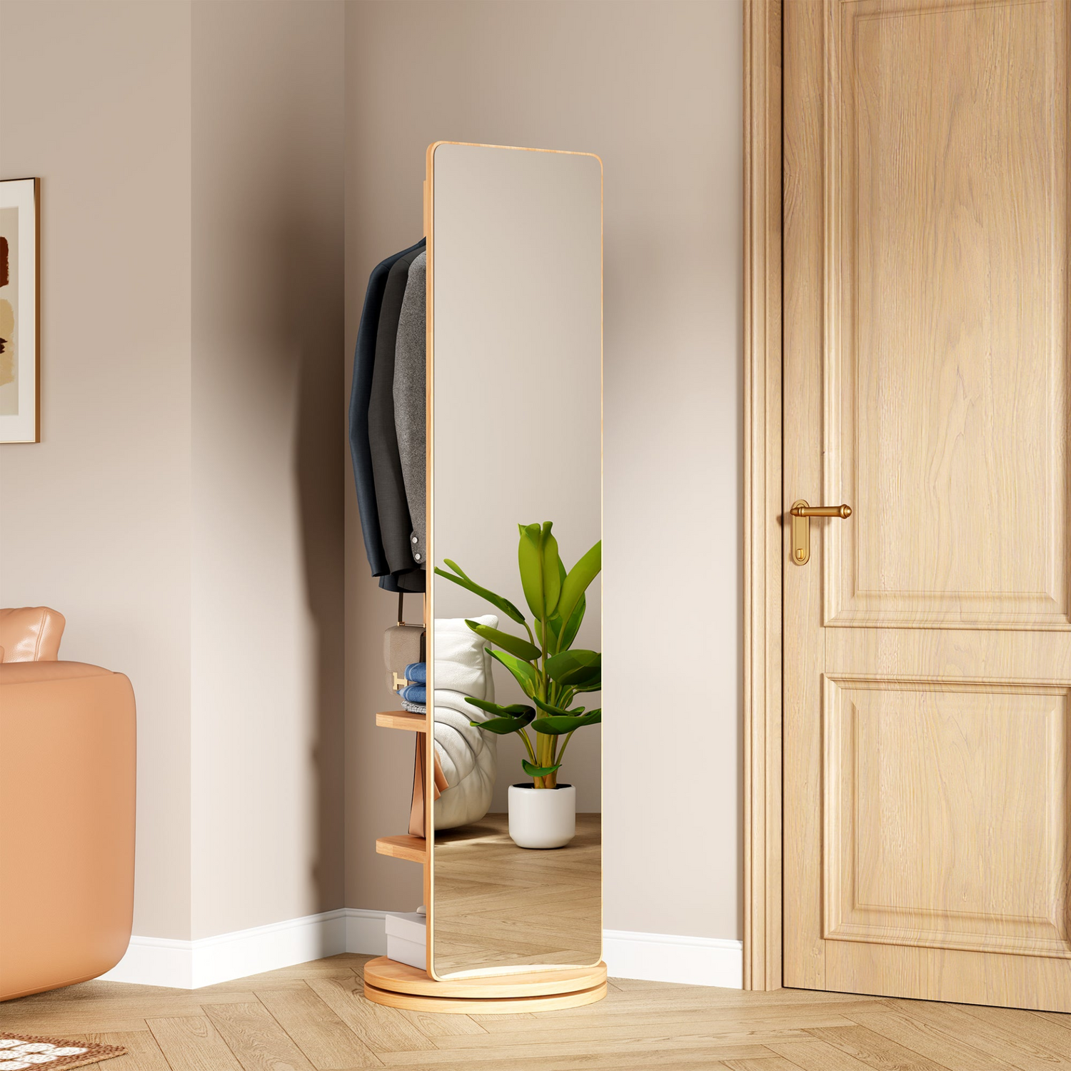 Start2Finish rotating full-length mirror with coat rack in natural rubber wood, featuring 360° rotation and storage for bedroom or entryway.