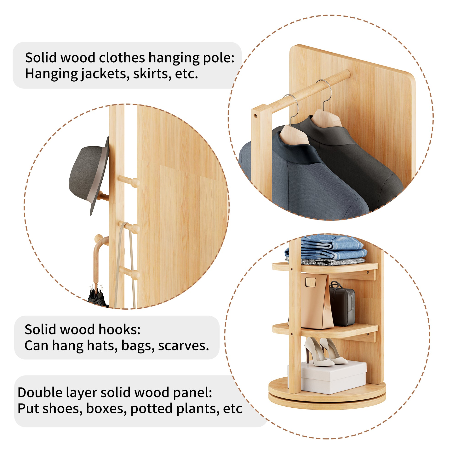 Start2Finish rotating full-length mirror with coat rack, rubber wood frame, natural finish, and 360° rotation for bedroom or entryway.