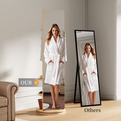 Start2Finish rotating full-length mirror with coat rack, rubber wood frame, and 360° rotation for bedroom and entryway use.