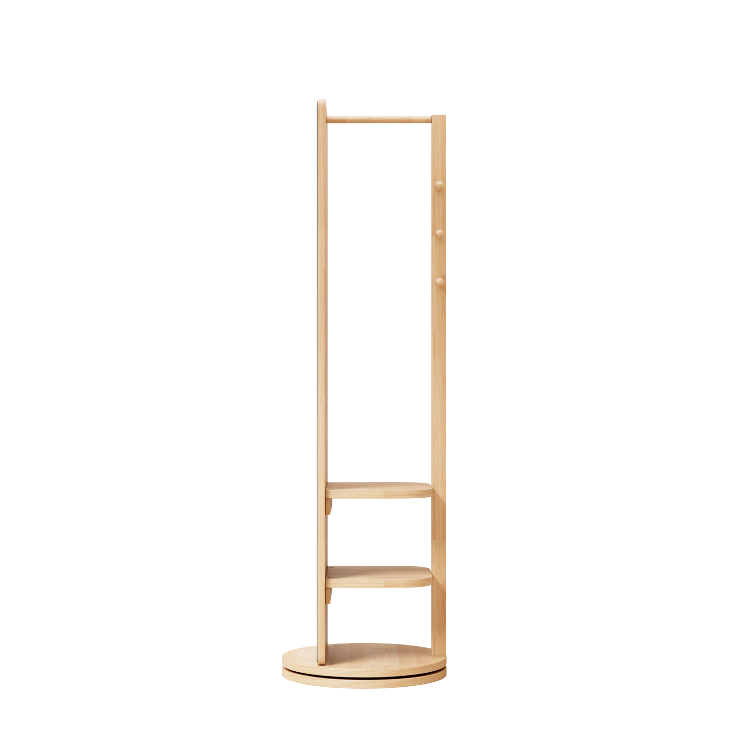 Start2Finish rotating full-length mirror with coat rack, rubber wood frame, natural finish, and 360° rotation for bedroom or entryway.