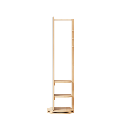 Start2Finish rotating full-length mirror with coat rack, rubber wood frame, natural finish, and 360° rotation for bedroom or entryway.