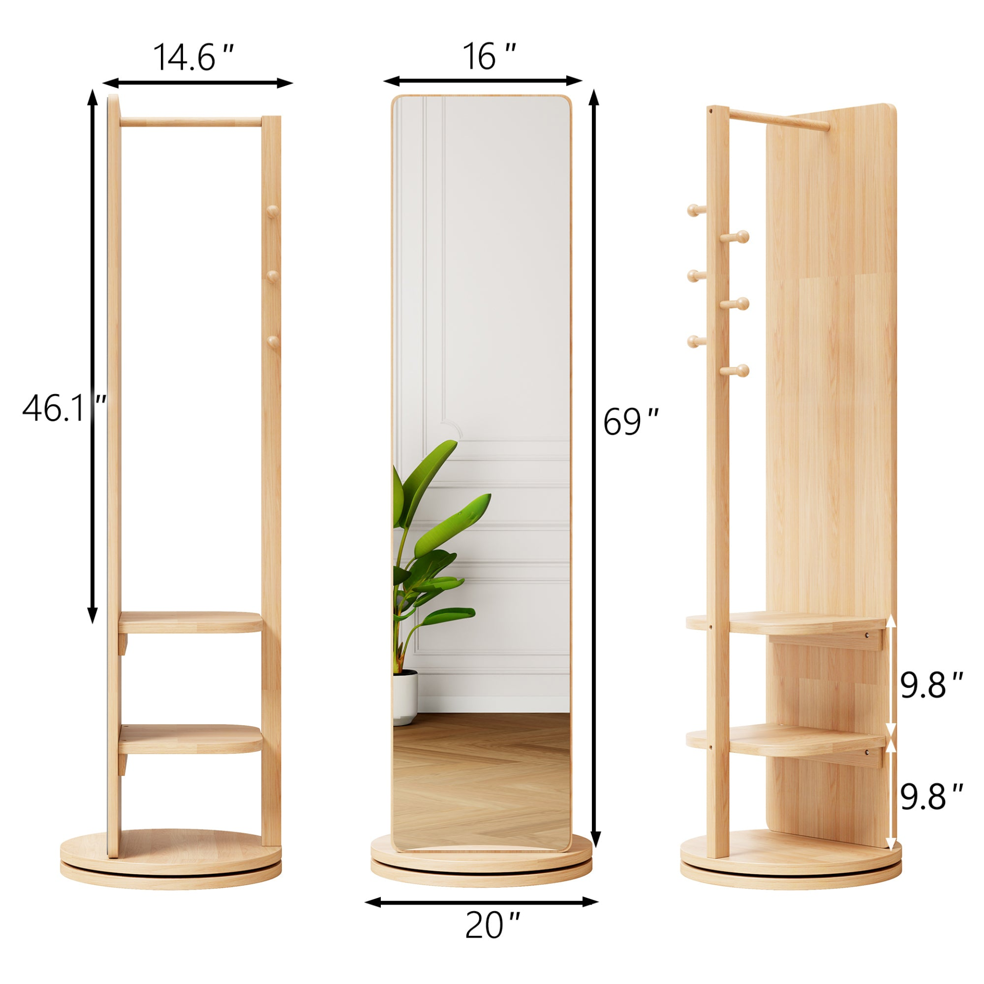 Start2Finish rotating full-length mirror with coat rack, rubber wood, natural finish, and 360° rotation for bedroom or entryway.