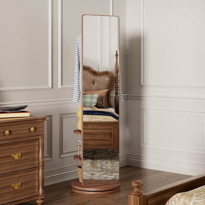 Start2Finish rotating full-length mirror with coat rack, rubber wood frame, and 360° rotation for bedroom and entryway storage.
