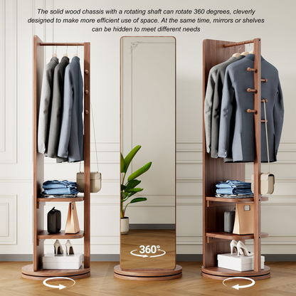 Start2Finish rotating full-length mirror with coat rack, rubber wood frame, and storage for bedroom, entryway, or dressing area.