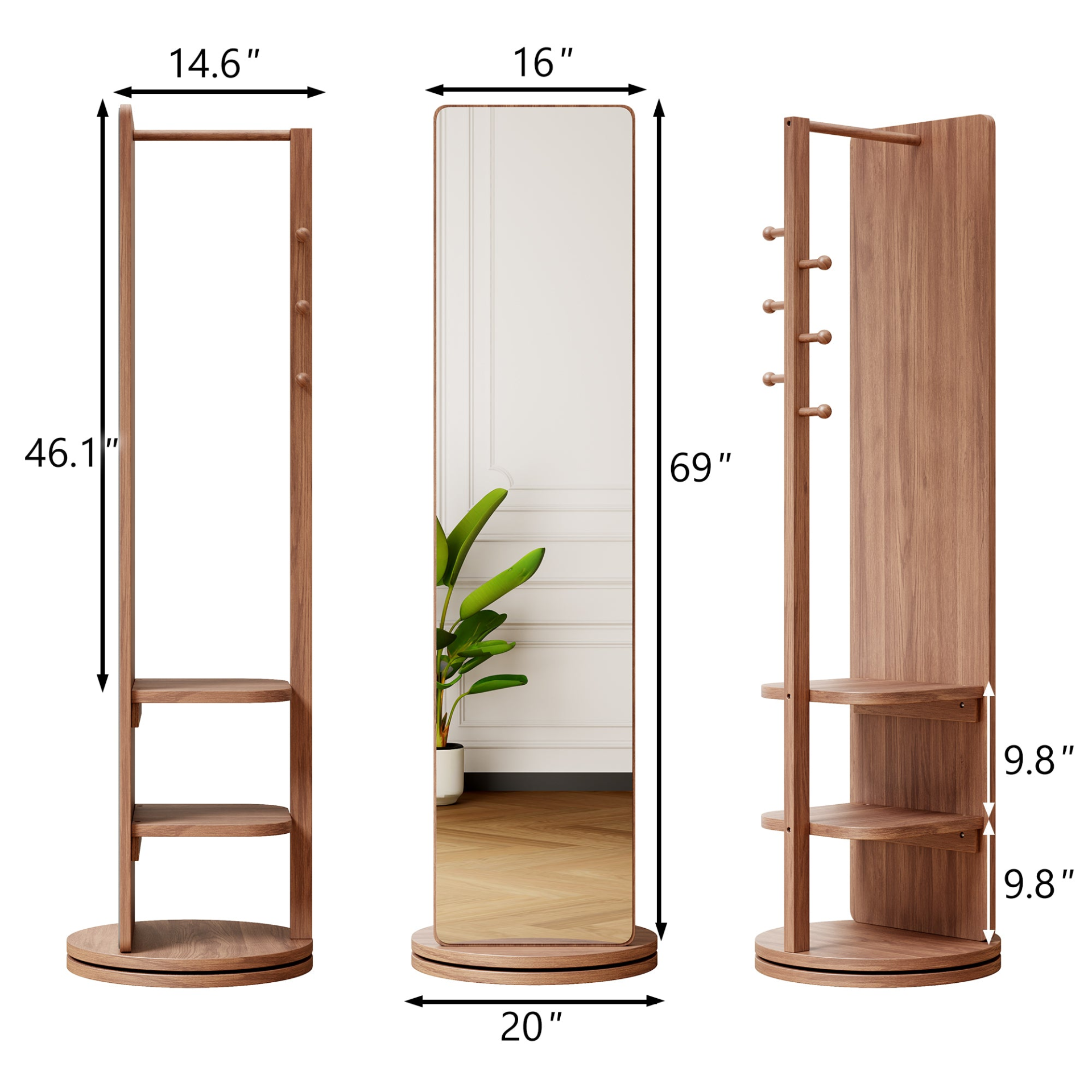 Start2Finish rotating full-length mirror with coat rack, rubber wood frame, natural finish, and 360° rotation for bedroom or entryway.