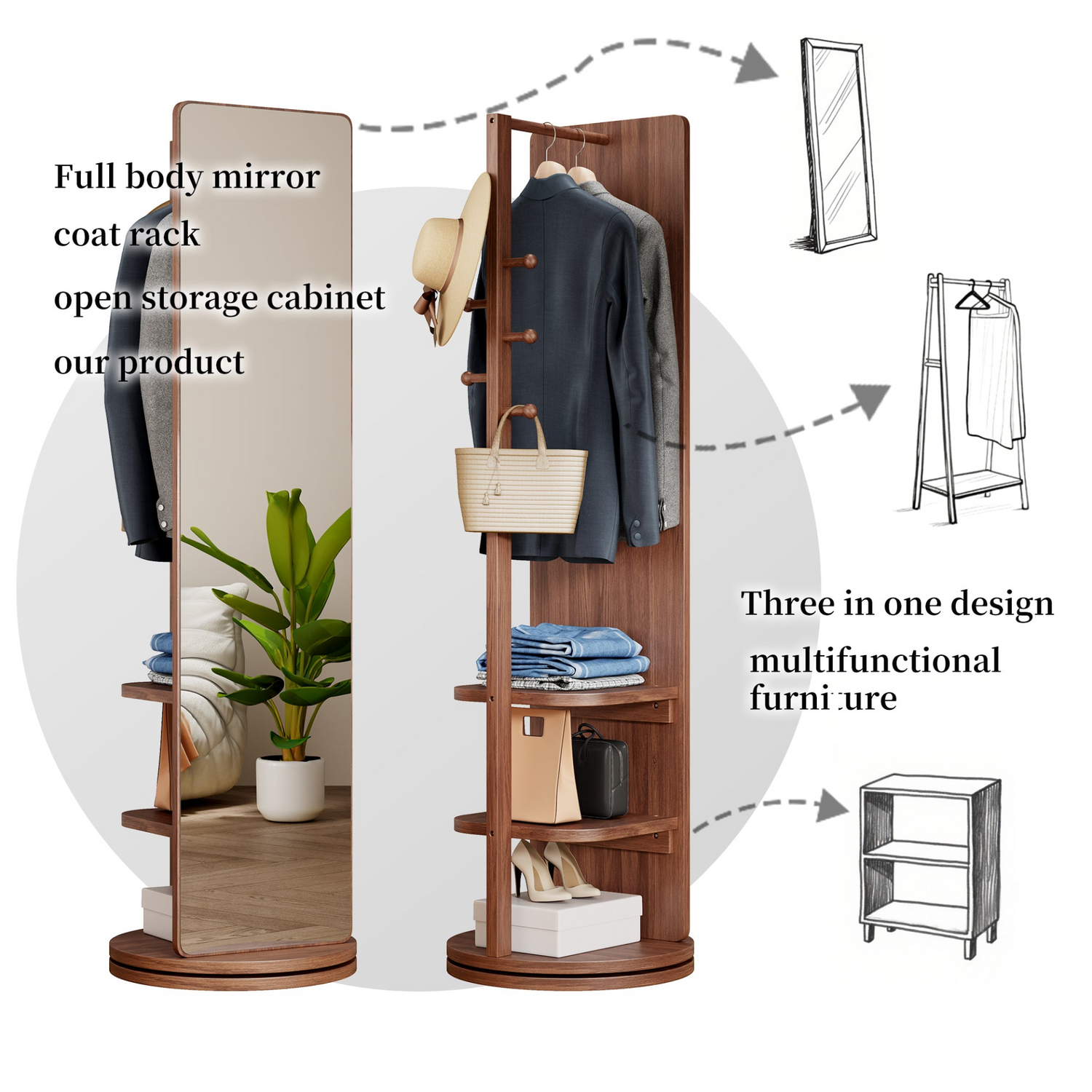 Start2Finish rotating full-length mirror with coat rack, rubber wood frame, natural finish, and 360° rotation for bedroom and entryway.