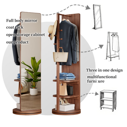 Start2Finish rotating full-length mirror with coat rack, rubber wood frame, natural finish, and 360° rotation for bedroom and entryway.