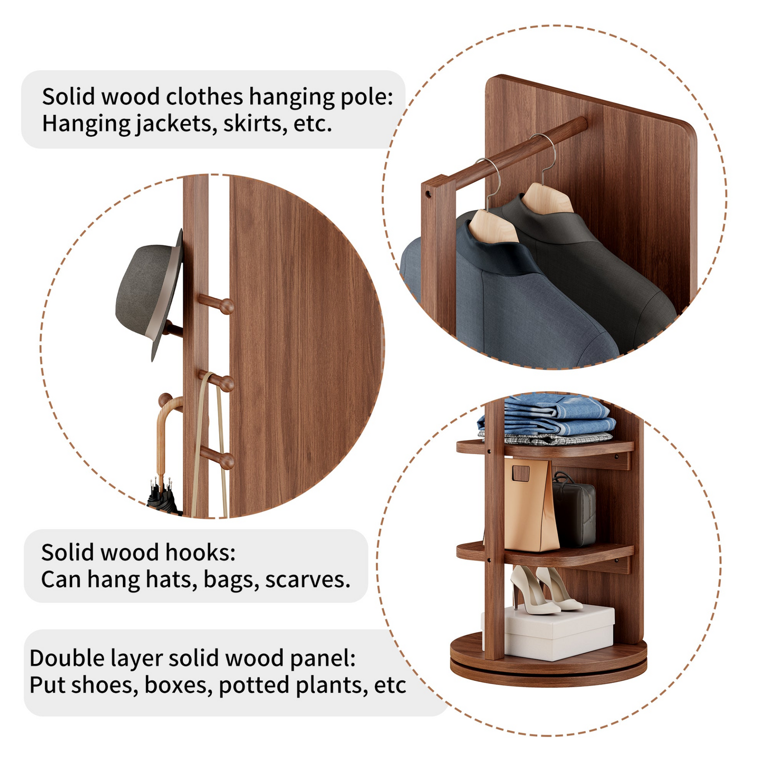 Start2Finish full-length rotating mirror with coat rack, natural rubber wood, 360° rotation, ideal for bedroom and entryway storage.