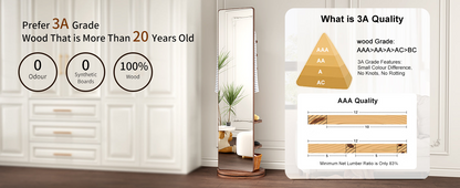 Start2Finish full-length mirror with 360° rotation, rubber wood coat rack, natural finish, ideal for bedroom or entryway.