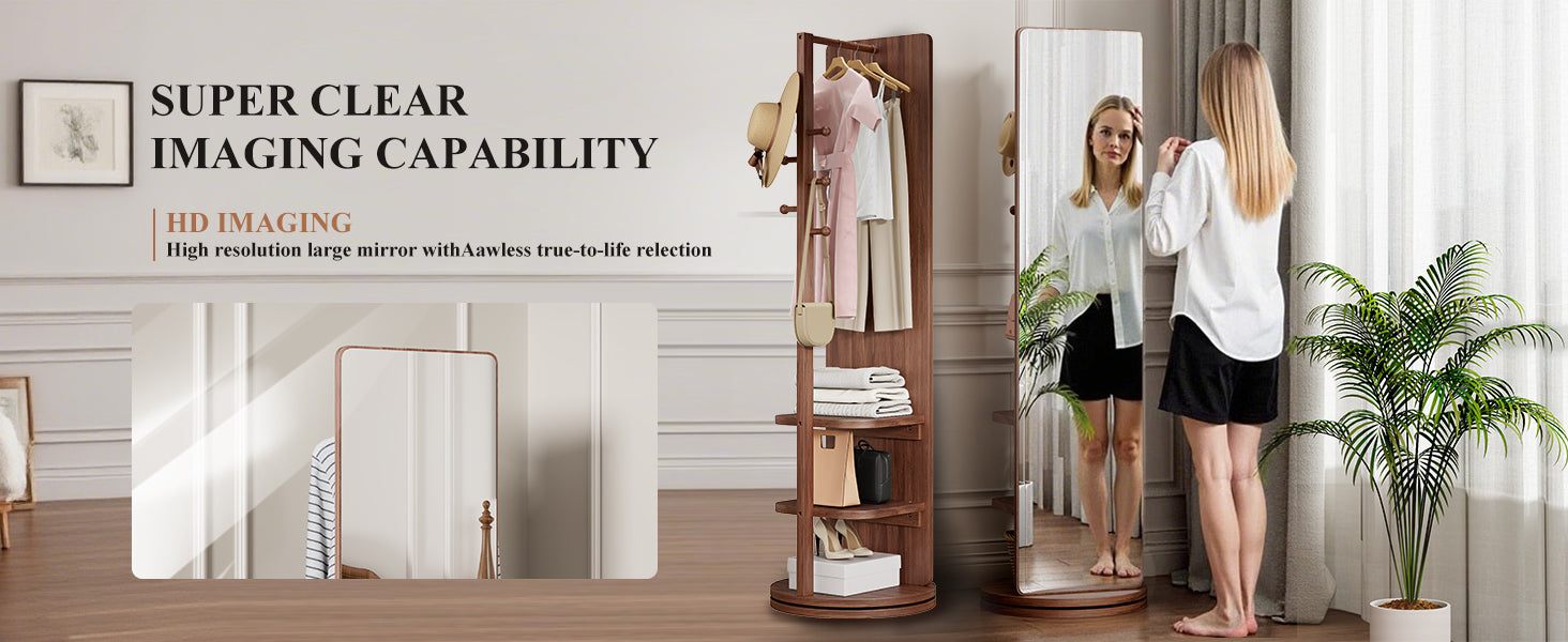 Start2Finish rotating full-length mirror with coat rack, rubber wood frame, natural finish, and 360° rotation for bedroom or entryway.