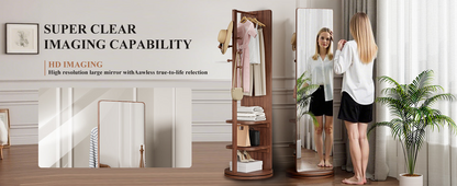 Start2Finish rotating full-length mirror with coat rack, rubber wood frame, natural finish, and 360° rotation for bedroom or entryway.
