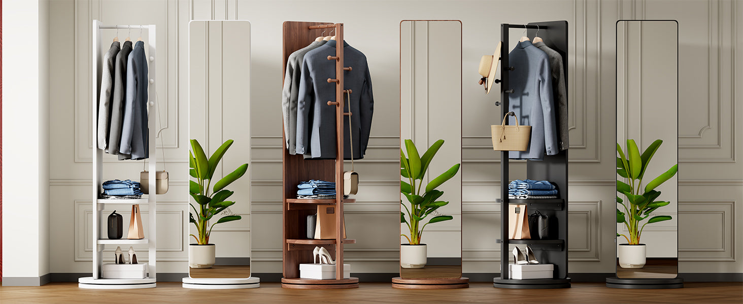 Start2Finish rotating full-length mirror with coat rack, rubber wood frame, natural finish, and 360° rotation for bedroom or entryway.