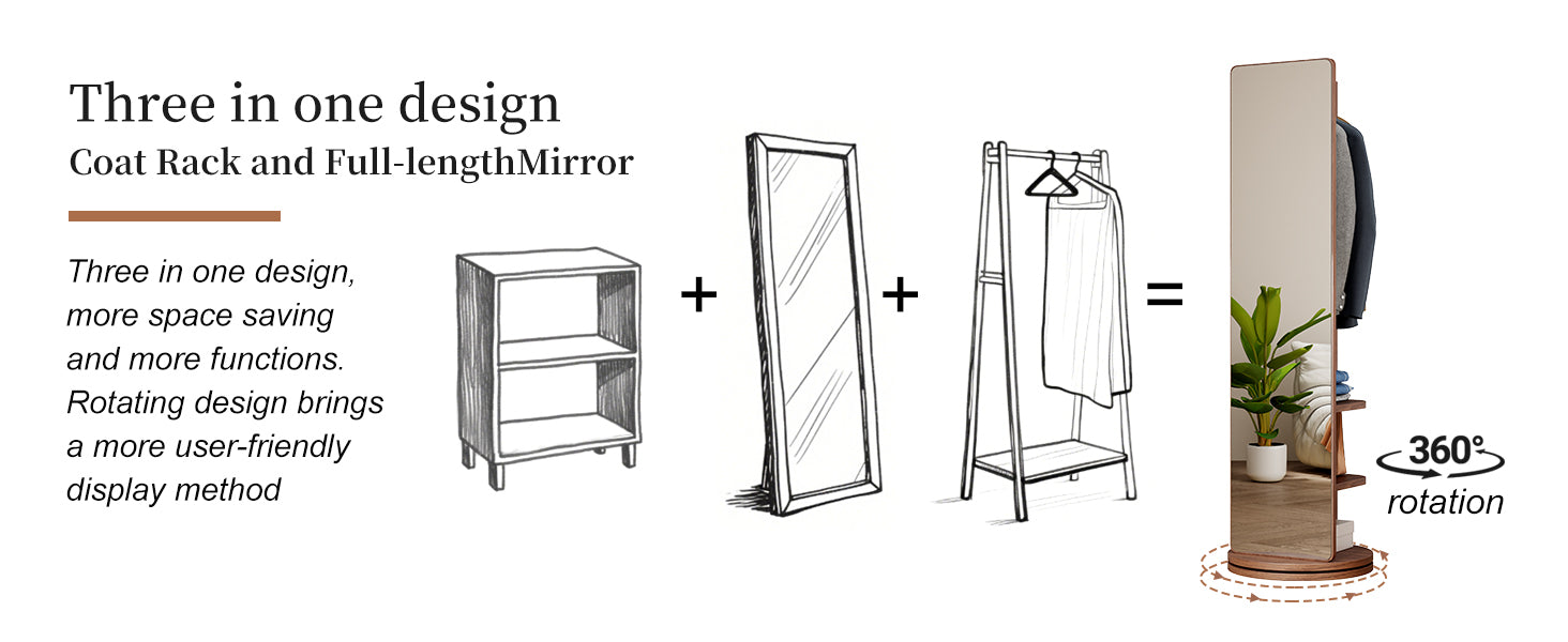 Full-length rotating mirror with coat rack, rubber wood frame, natural finish, and 360° rotation for bedrooms and entryways.