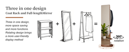 Full-length rotating mirror with coat rack, rubber wood frame, natural finish, and 360° rotation for bedrooms and entryways.